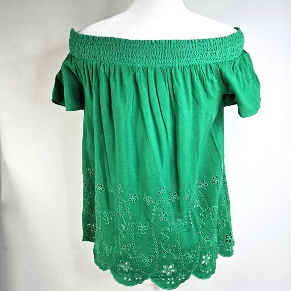 Old Navy Green Eyelet Lace Off Shoulder Linen Blend Top - Picture 7 of 9